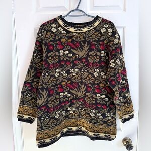 Lands' End Floral Pattern Sweater - Black, Red, Gold